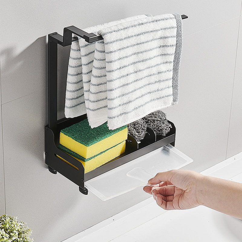 Kitchen hanging rag artifact countertop shelf put steel ball sponge brush detergent storage rack wall hanging free punching