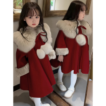 Girls cape coat winter clothing childrens red woolen coat national style New Years greetings dress little girls thickened long cape
