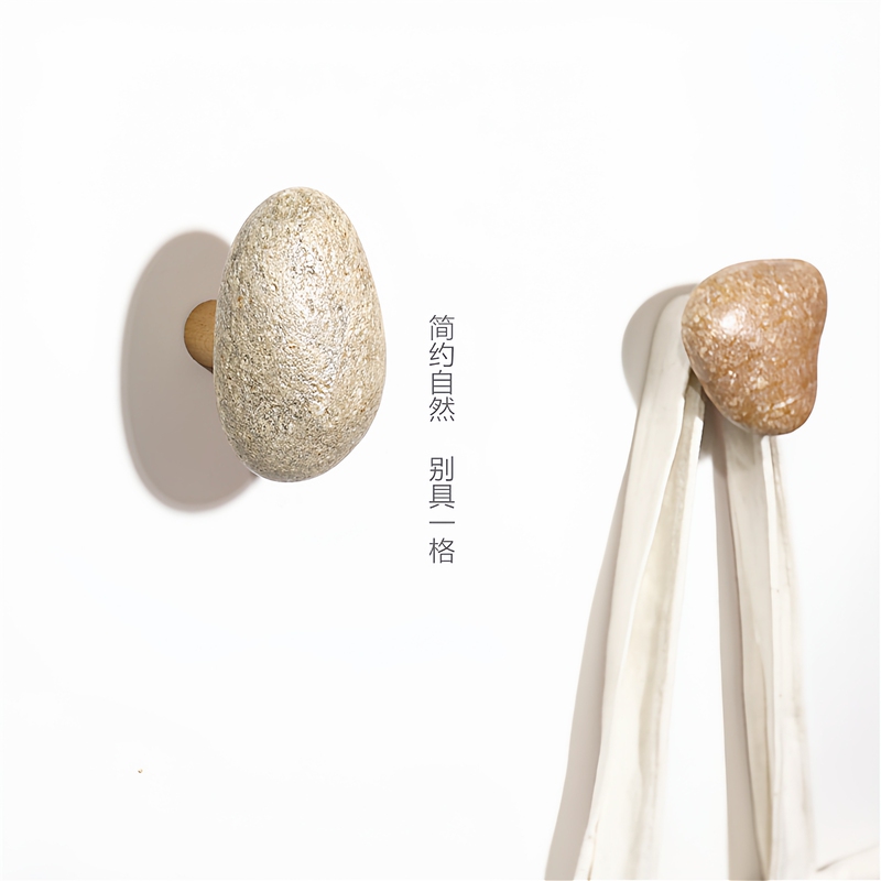 Wabi-Sabi Style Stone Solid Wood Hook, Artistic and Creative Bathroom Wall Single Pebble Coat Hook, Adhesive, No Drilling Required