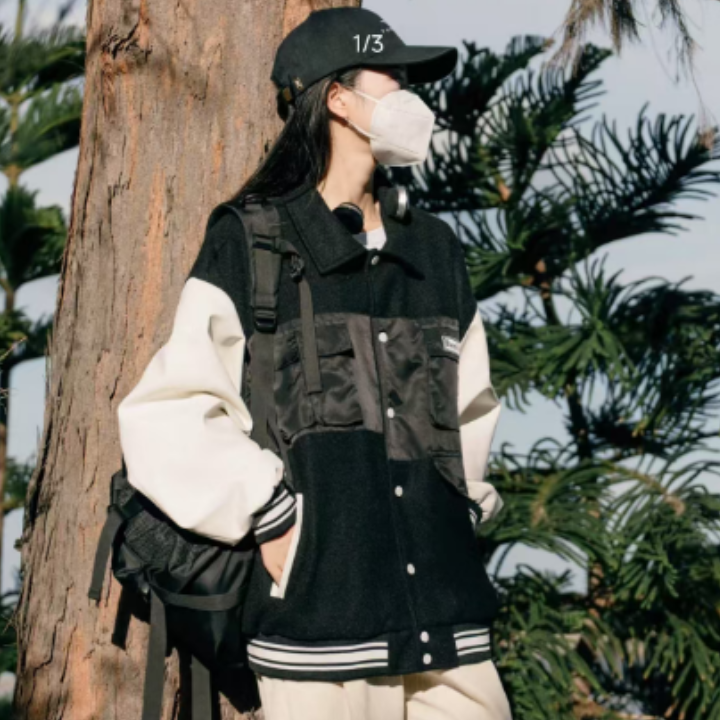 B.VEERA倍福来美式复古拼接棒球服25秋冬男女宽松加厚外套