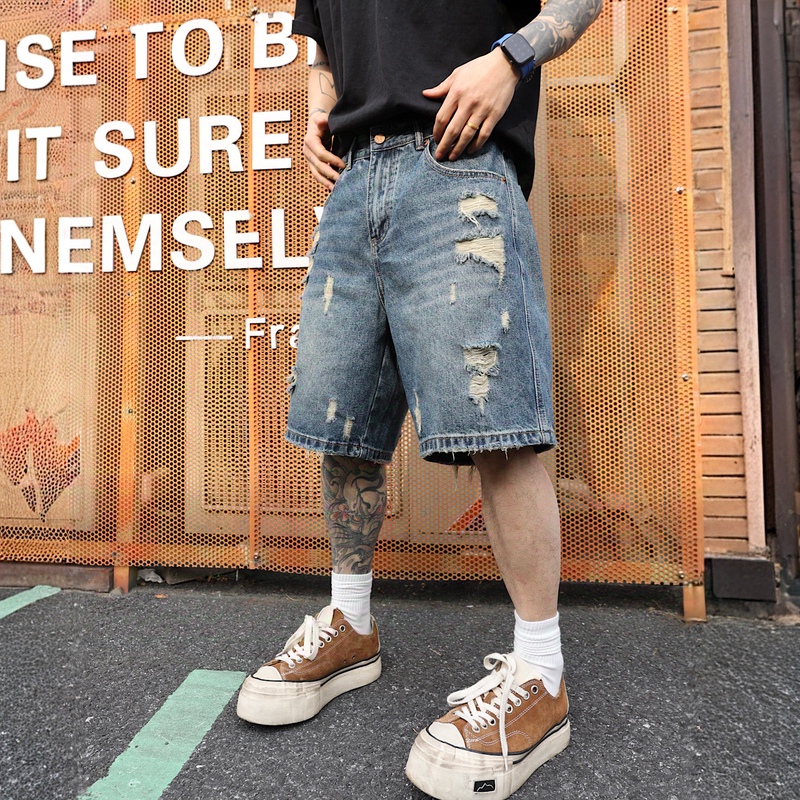 American Retro Washed Distressed Denim Shorts for Men, Summer Trendy Brand, Cool Casual Five-Point Workwear Straight-Leg Mid-Length Pants