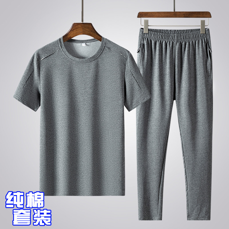 Middle-aged and elderly sports suit men's summer thin section short-sleeved dad wear casual cotton round neck T-shirt large size two-piece set