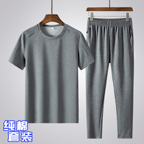 Middle-aged and elderly sports suit mens summer thin short-sleeved dad casual cotton round neck T-shirt large size two-piece set