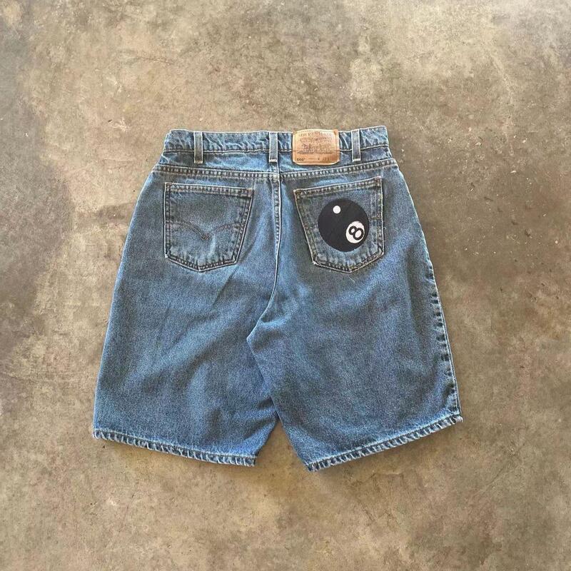 Summer New Trendy Brand Retro Washed Hip-Hop Embroidered Bones Men's and Women's Casual Loose Pants Denim Shorts