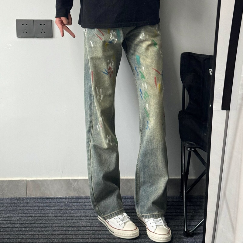 American-Style Casual Splash-Ink Rainbow Graffiti Design Jeans for Men and Women, Niche Slim-Fit Straight-Leg Long Pants
