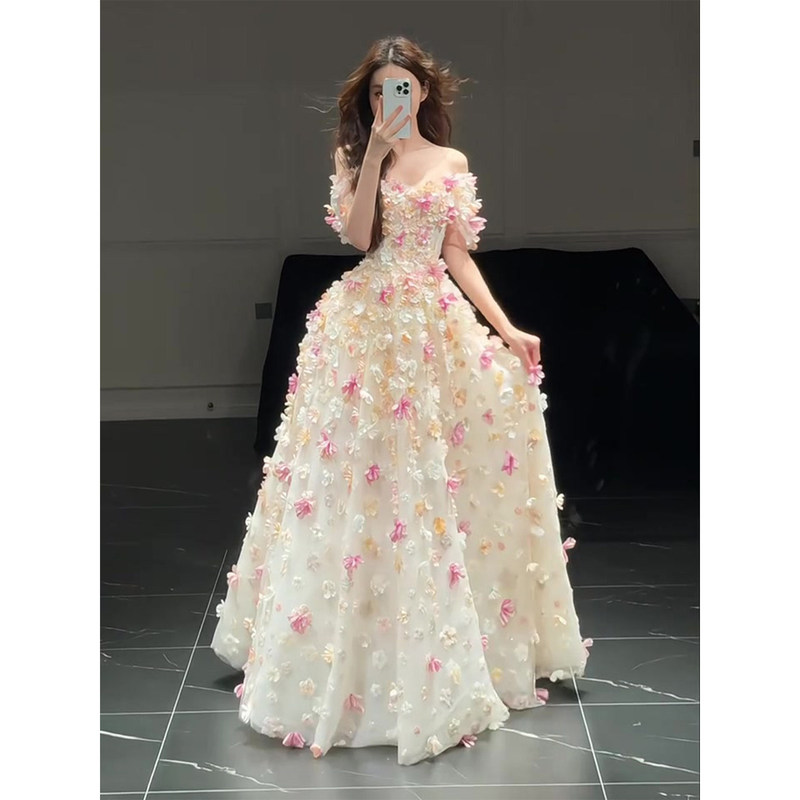 Super Fairy Evening Dress, High-End Light Luxury, Niche Student Coming-Of-Age Ceremony Host, High-End Engagement Banquet Floral Dress