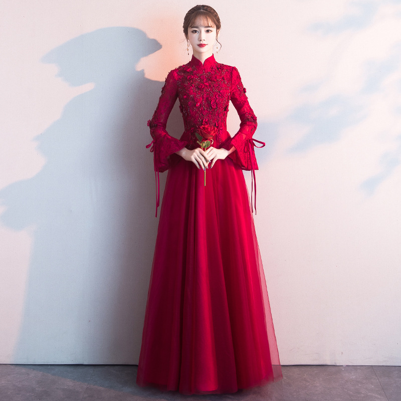 Long Wedding Dress for Petite Brides, Elegant Engagement Dress, Autumn and Winter Stand-Up Collar Dress That Can Be Worn Casually