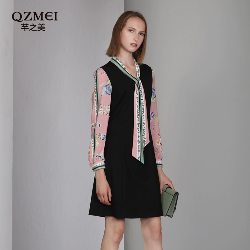 Qianzhimei cộng với kích thước của phụ nữ mùa xuân mới mô hình nối màu nhỏ cổ thắt chặt váy 6400 - váy đầm