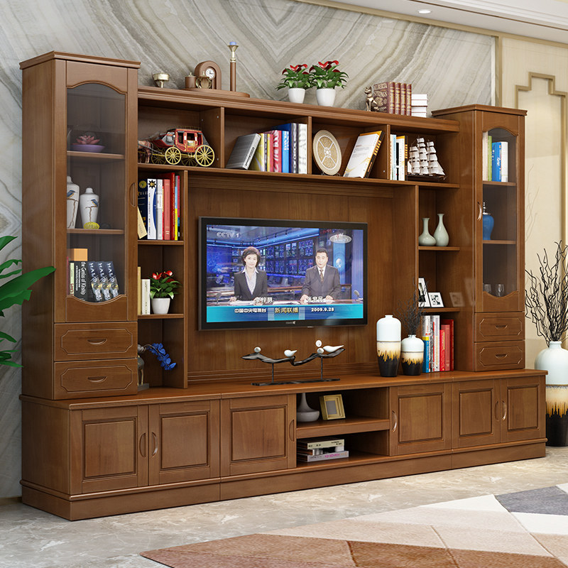Chinese style all solid wood TV cabinet combination living room modern minimalist size apartment bookcase high section high cabinet background wall cabinet - Taobao