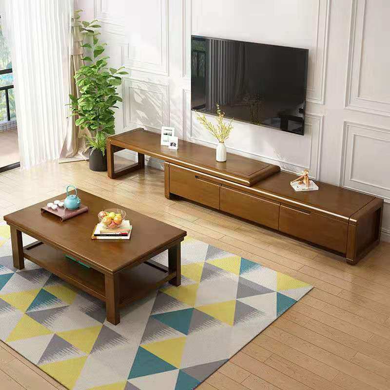 New Chinese-style solid wood TV cabinet modern minimalist telescopic light luxury coffee table combination cabinet living room multi-pump storage cabinet