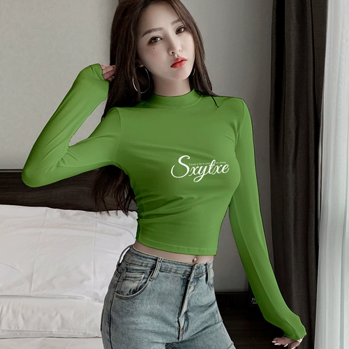 Черный цветной приятный телу короткий осенний приталенный брендовый лонгслив, высокий воротник, в обтяжку, высокая талия