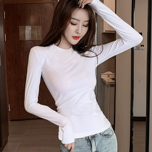 Весенний осенний черный цветной приятный телу приталенный демисезонный лонгслив, высокий воротник, в западном стиле