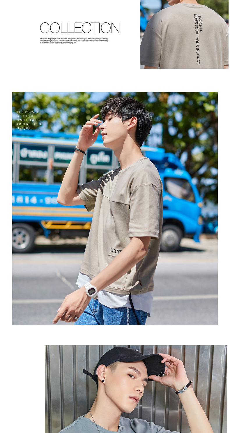 Quần áo Tiancheng 2019 hè mới áo thun ngắn tay cotton cotton giả hai mảnh tương phản màu khảm thủy triều T nửa tay áo áo thun pierre cardin