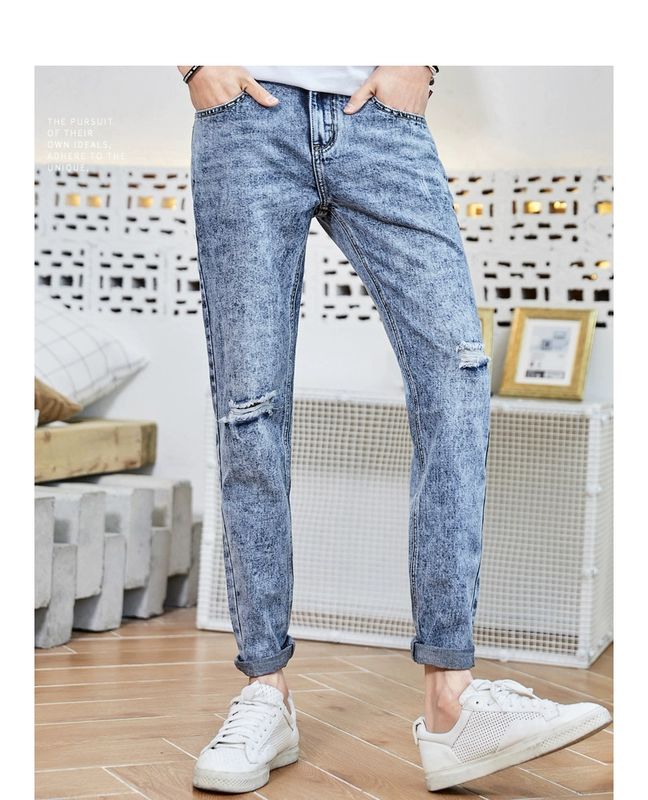 Sản phẩm quần áo Tiancheng 2019 mùa thu mới quần jeans nam xu hướng phiên bản Hàn Quốc của giới trẻ phá cách quần dài lỗ thẳng - Quần jean