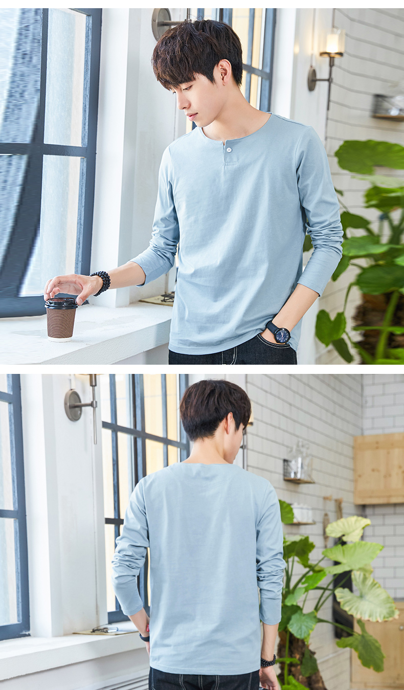 Quần áo mùa xuân Tiancheng nam mới áo thun dài tay Phiên bản Hàn Quốc của áo thun cotton màu tinh khiết xu hướng áo thun mùa xuân áo unisex form rộng