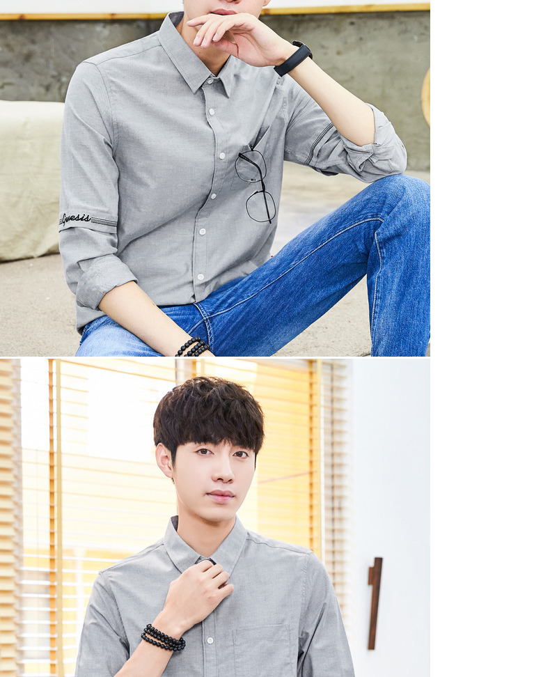 Quần áo Tiancheng 2019 xuân mới áo dài tay nam xu hướng phiên bản Hàn Quốc đẹp trai cổ áo thêu cổ áo trẻ trung áo sơ mi nam kẻ sọc