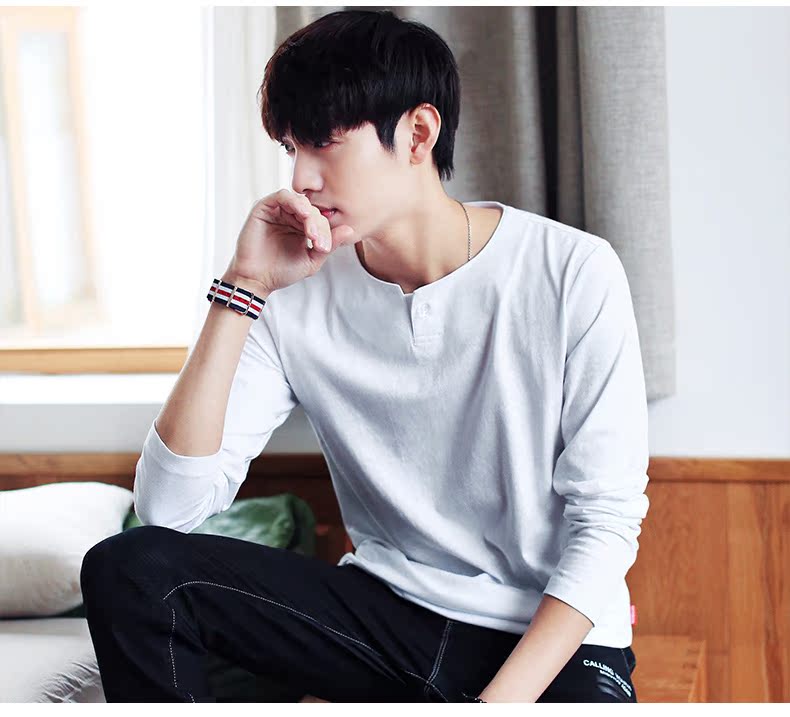 Quần áo mùa xuân Tiancheng nam mới áo thun dài tay Phiên bản Hàn Quốc của áo thun cotton màu tinh khiết xu hướng áo thun mùa xuân áo unisex form rộng