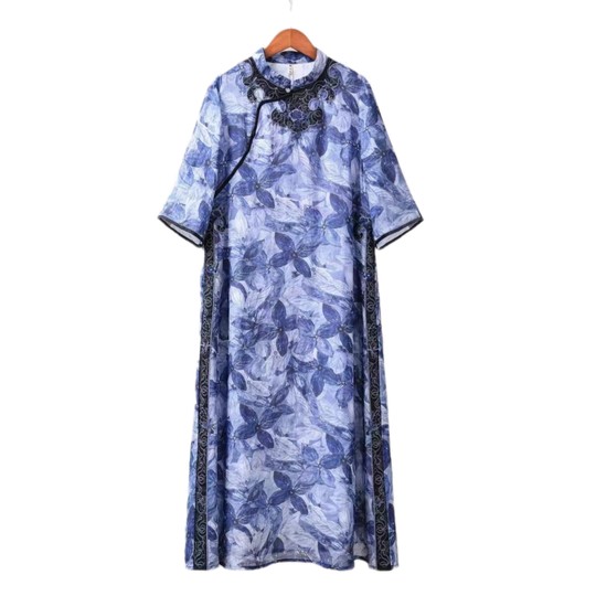 Chu Xin original national style embroidered batik blue printed literary retro ramie short-sleeved dress