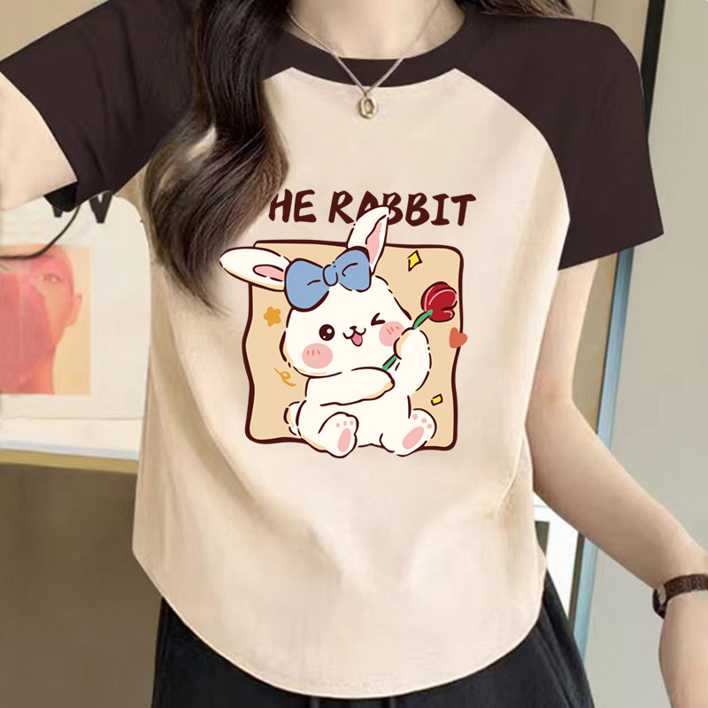 美式插肩短袖t恤女2026夏季新款爆款修身不规则印花小个子上衣服