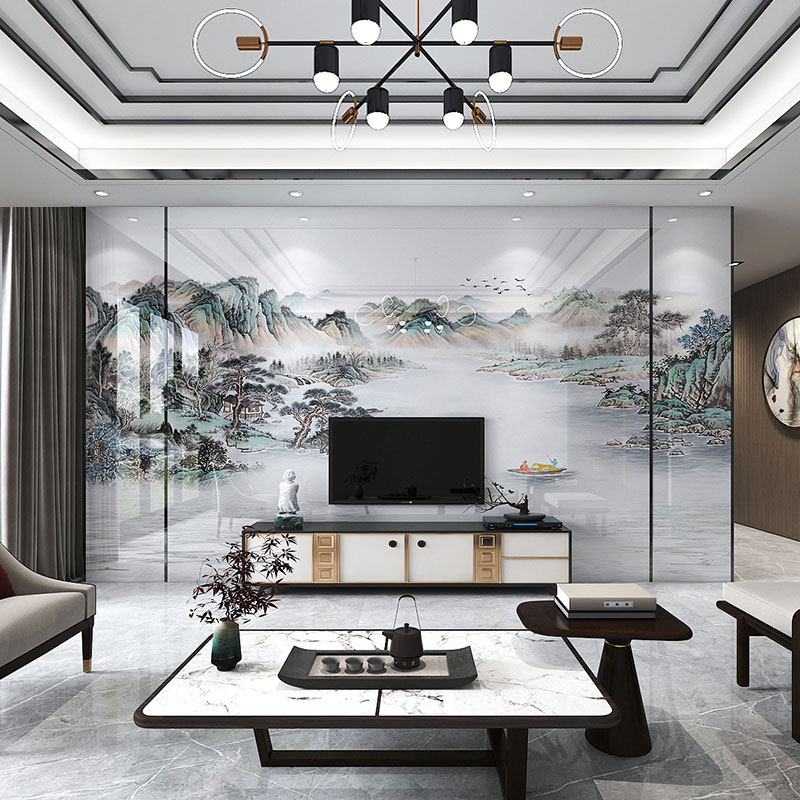 Slate hanging TV background wall wood veneer tile large board living room modern minimalist bamboo and wood fiber video wall