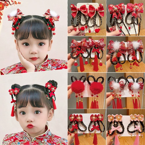 Детский красный парик с косичкой, заколка для волос с кисточками, аксессуар для волос, шпильки для волос, китайский стиль