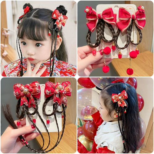 Детский красный парик с косичкой, заколка для волос с кисточками, аксессуар для волос, шпильки для волос, китайский стиль