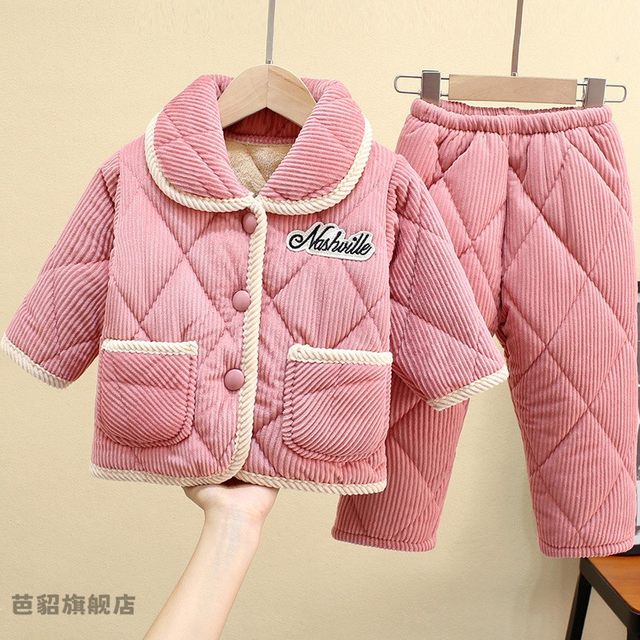 Autumn and winter Hunan Provincial clothing children's baby three-layer quilted pajamas plus velvet thickened warm home clothing set for boys and girls