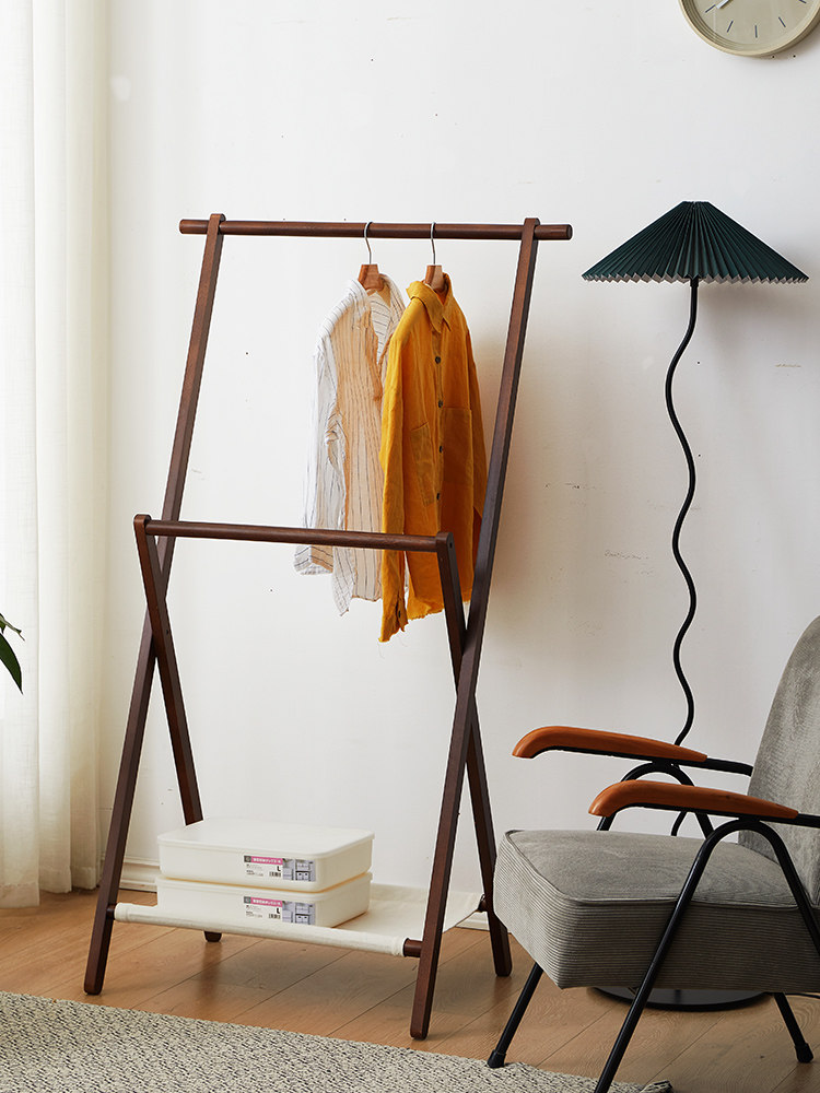 Beech wooden cap frame on the ground-clothes rack Japanese double rod solid wooden household living room with rack hanging rack