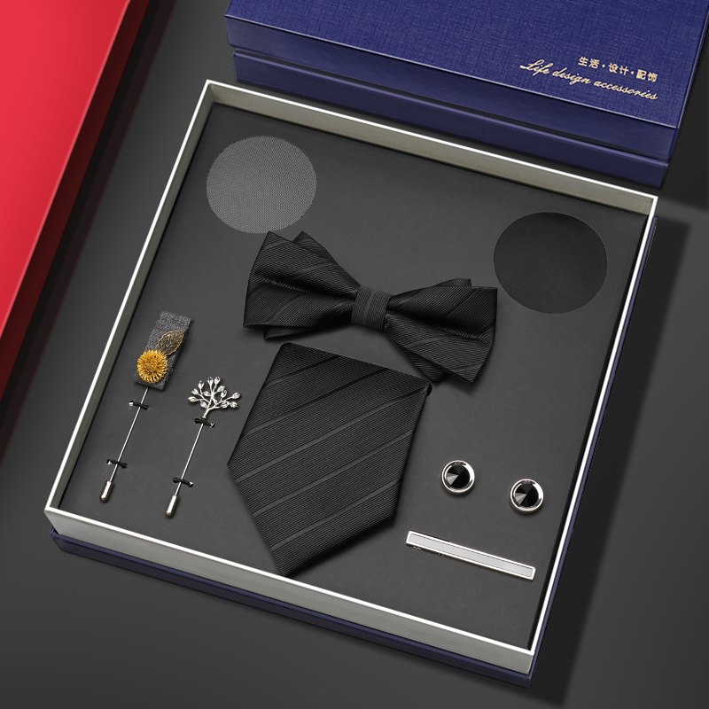 Black Tie Men's Accessory Set Formal Business Gift Box Suit Pocket High-End Wedding Groom Zipper Style
