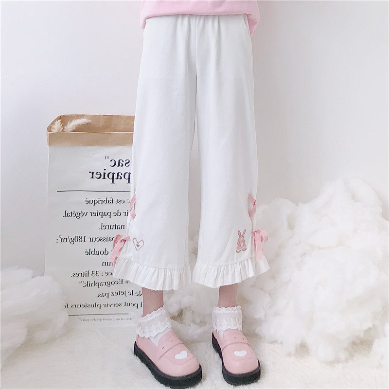 Spring women's clothing day soft sister cute rabbit cross tied wooden ear broad legs female students high waist nine pants