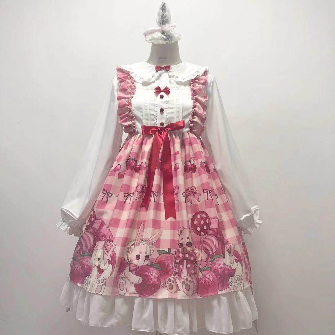 Korean mushroom cool {spot}~Original design Japanese Lolita Strawberry bear big skirt jsk suspender dress female