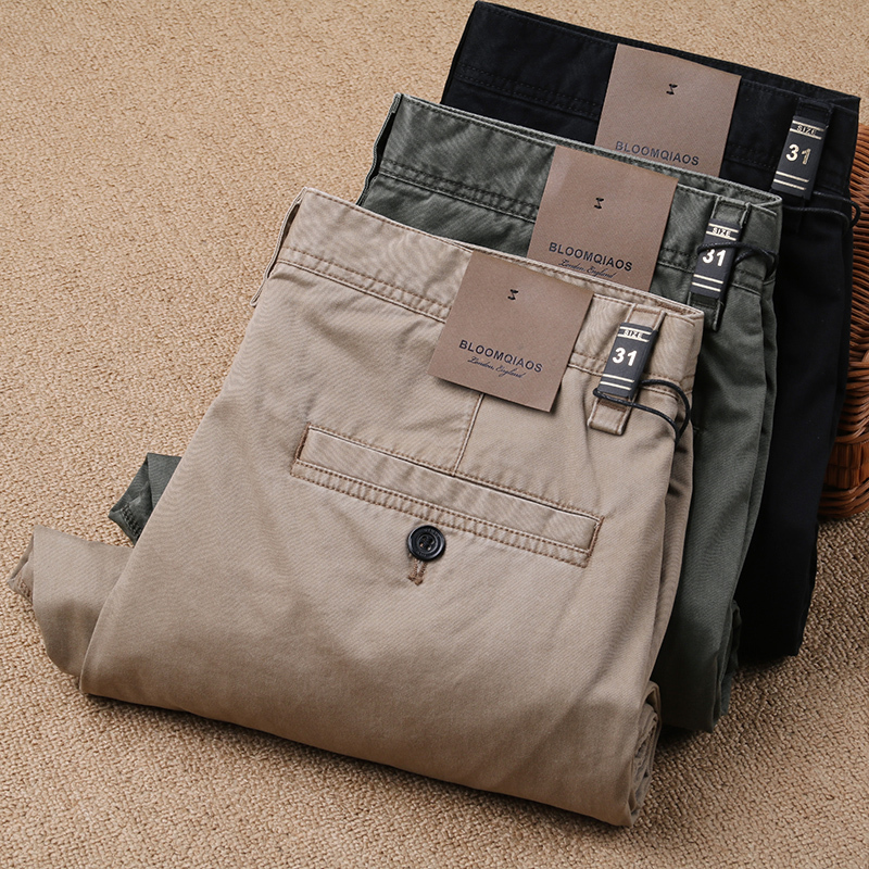 Summer 100% Cotton Men's Casual Pants Classy Washed Thin Sweat-Absorbent Breathable Loose Straight Twill Long Pants