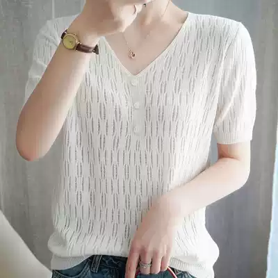V-neck hollow knitted short-sleeved women's T-shirt 2021 summer new style vneck semi-sleeved thin base shirt