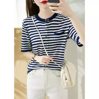 Foreign trade export tail single big-name cut label women's mall counter withdrawal cabinet striped short-sleeved knitwear single-breasted T-shirt