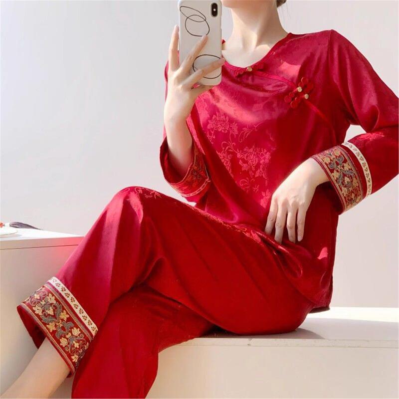 Silk Pajamas for Women, Spring and Autumn Long-Sleeved Long Pants Set, Mulberry Silk, Red, New Chinese Style, with Chest Pads, Loungewear Silk Pajamas for Women, Spring and Autumn Long-Sleeved Long Pants Set, Mulberry Silk, Red, New Chinese Style, with Chest Pads, Loungewear