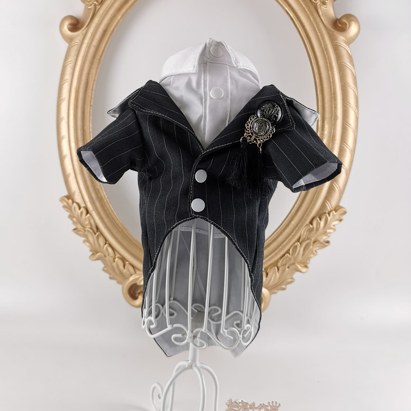 Male Dog Dark Gray Striped Retro Tassel Suit Two-Piece Suit Pet Suit Cat Dog Suit Dog Suit