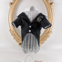 Male Dog Dark Gray Striped Retro Tassel Suit Two-Piece Suit Pet Suit Cat Dog Suit Dog Suit