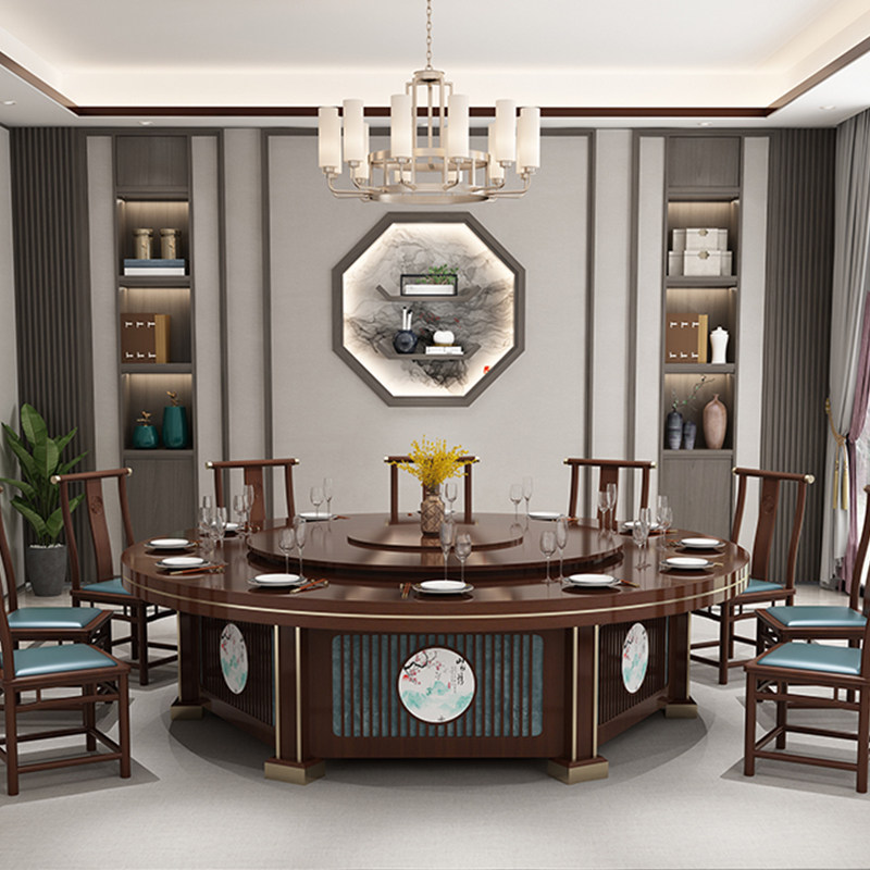 New Chinese Modern Clubhouse Hotel Dining Table Large Round Table 30 People Solid Wood Electric Tai Chi Zen Room Table And Chairs Combination