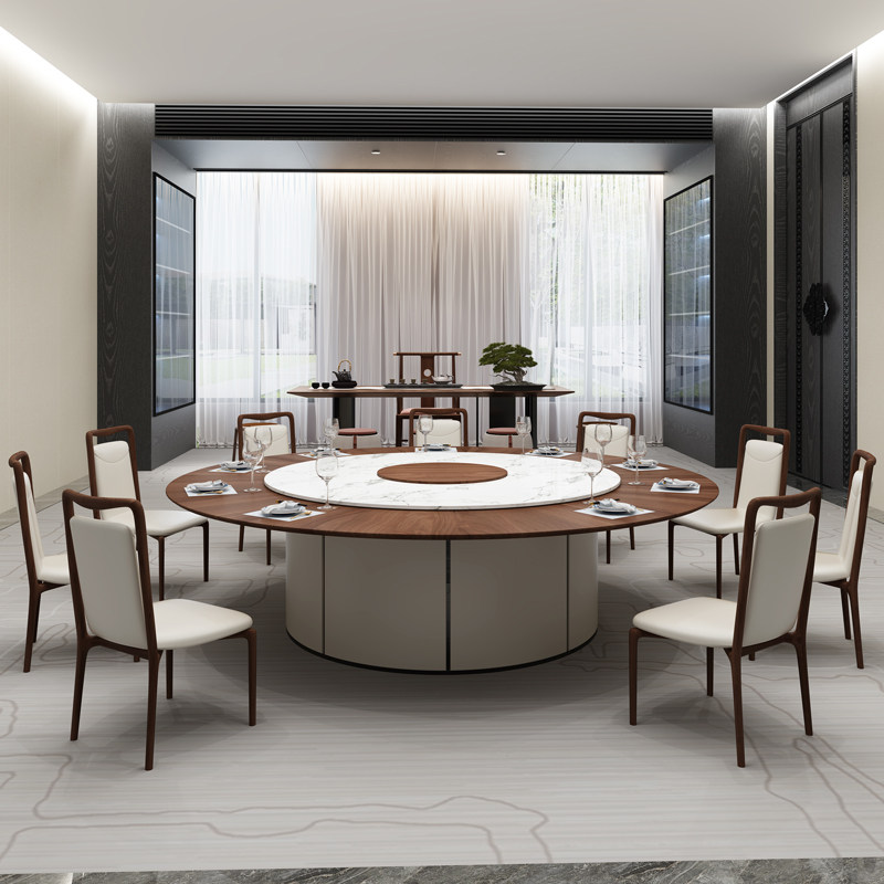 New Chinese restaurant hotel dining table large round table 30 people electric rotating marble round table and chair combination hot pot table