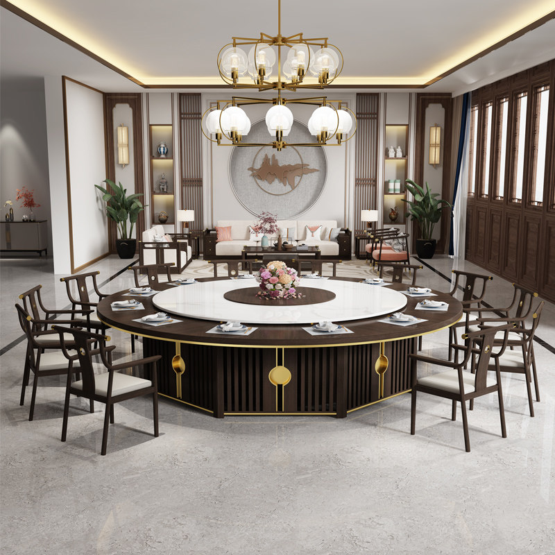 Solid wood rock plate round dining table and chair combination 12 people on the commercial turntable electric hotel dining table large round table