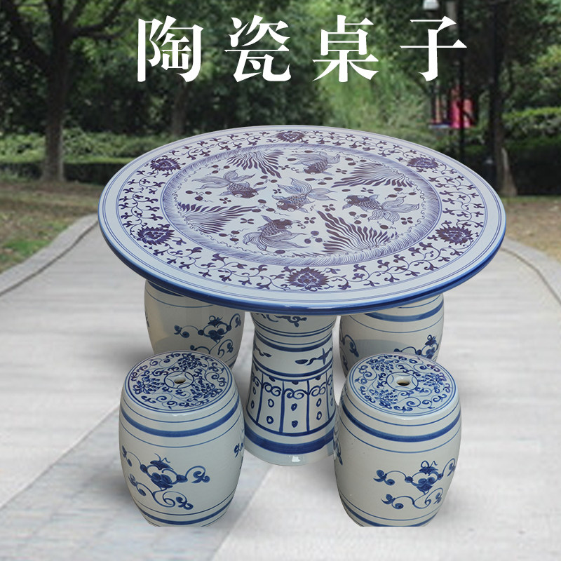 Jingdezhen ceramic table stools hand-painted blue and white porcelain tabletops are placed outside the courtyard every year.