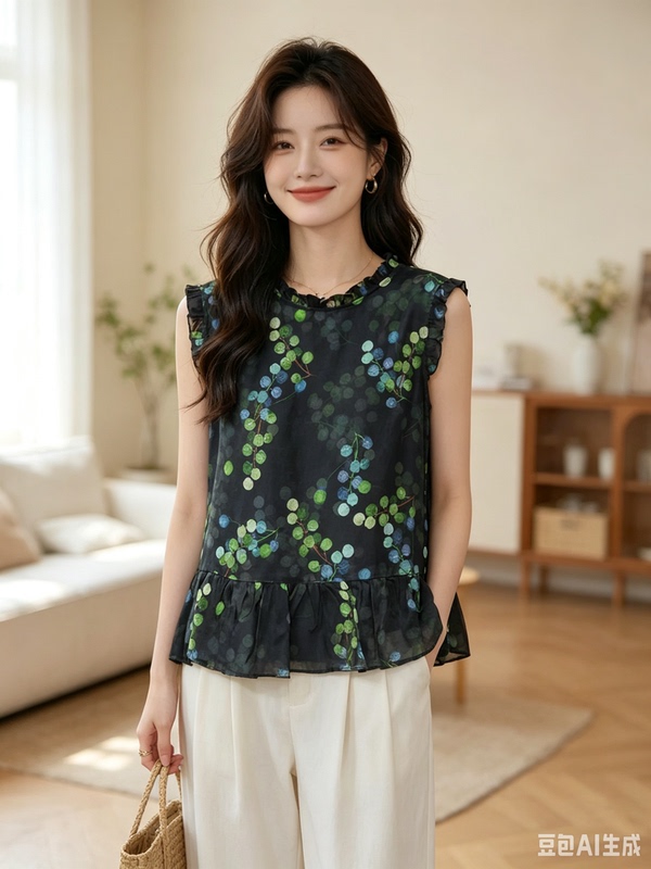 Elegant Ruffled Polka Dot Vintage Silk Sleeveless Top, New Summer Breathable and Cool Blouse 260610