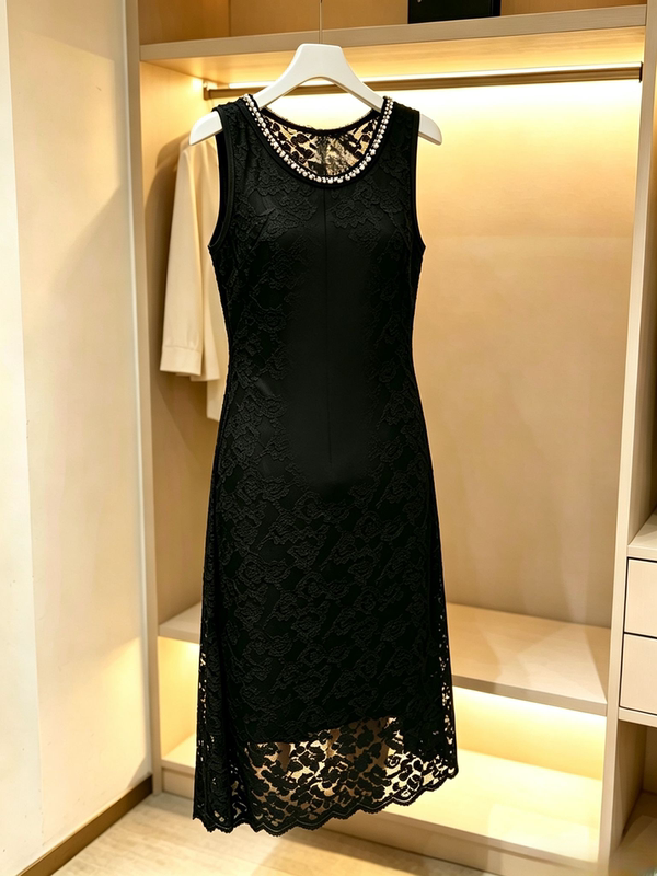 Elaborately Carved, Heavily Beaded Lace Sleeveless Dress for Women, Summer Design Long Dress 260819