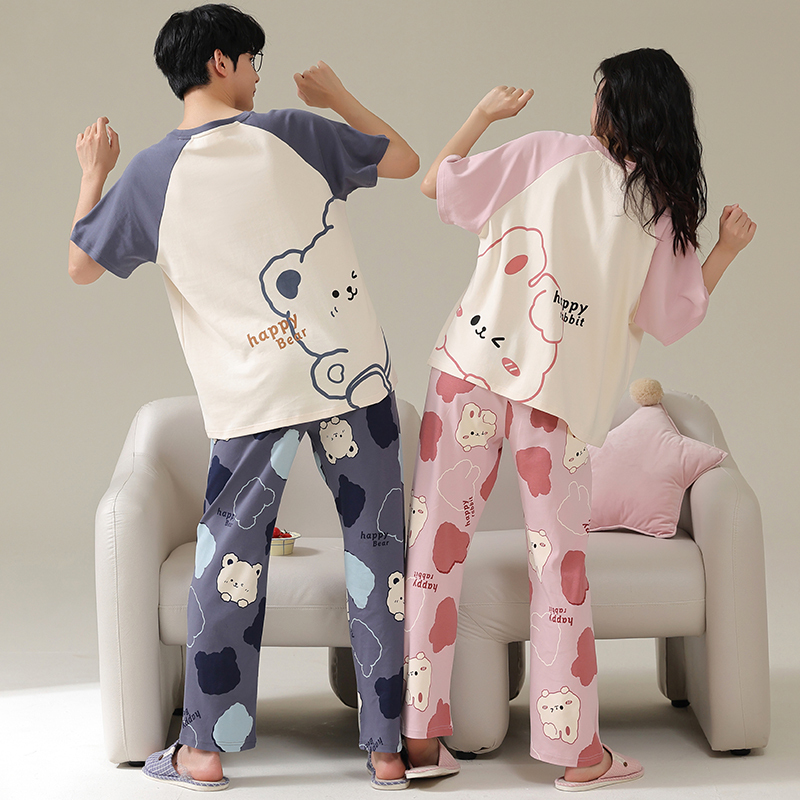 Couple Pajamas Summer Pure Cotton Short-Sleeved Long Pants New Style Can Be Worn Outside Home Clothes Set One Man One Woman Spring and Autumn