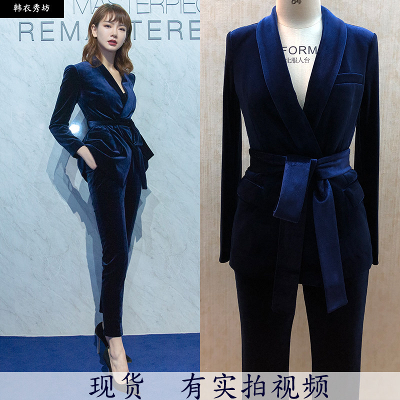 Gold velvet suit jacket women's spring and autumn belt thin temperament socialite professional high sense fried street suit suit