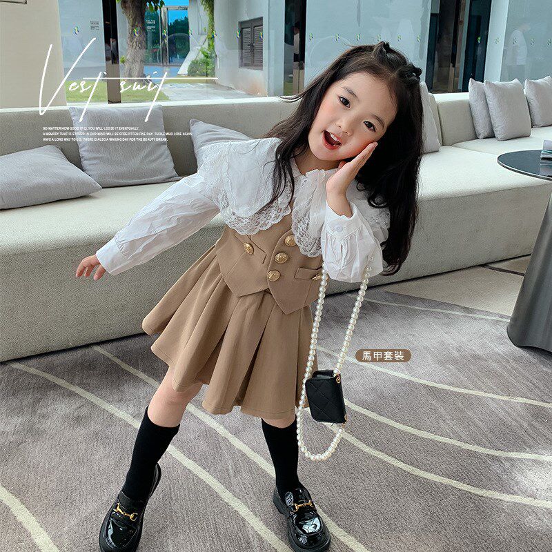 Baotong 2022 spring and autumn new suits girls foreign treasure fashionable skirt female spring dress Western style vest two-piece set