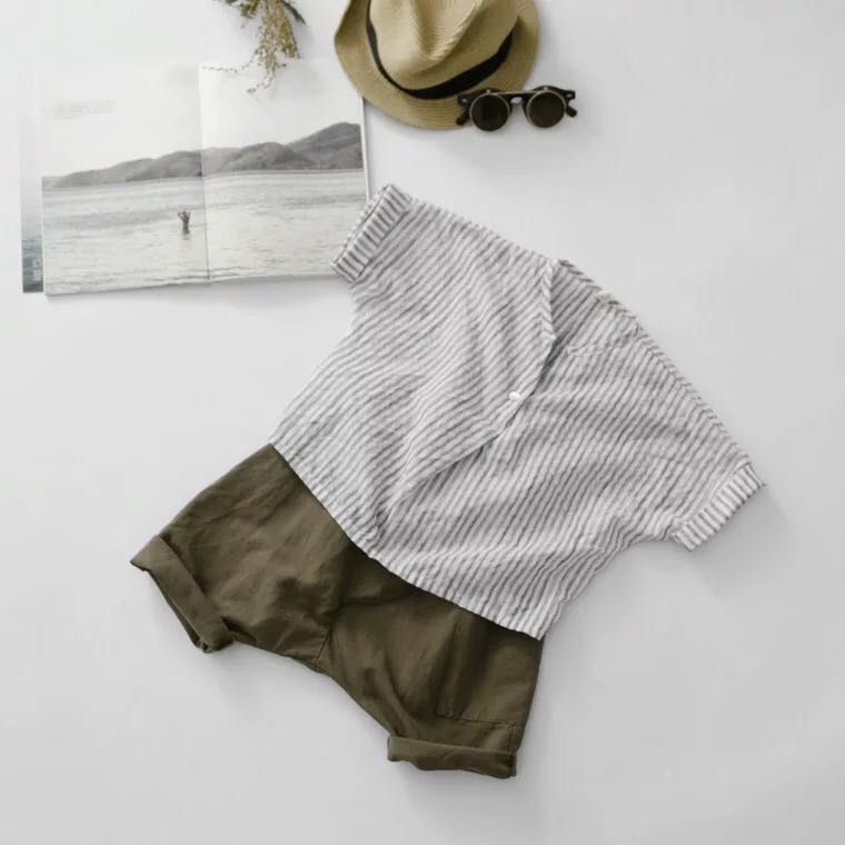 Áo sơ mi cotton và vải lanh trẻ em mùa hè cho nam và nữ Áo sơ mi cotton và lanh tay ngắn Phiên bản Hàn Quốc của áo tay dơi cotton siêu mỏng - Áo sơ mi áo sơ mi bé trai 7 tuổi