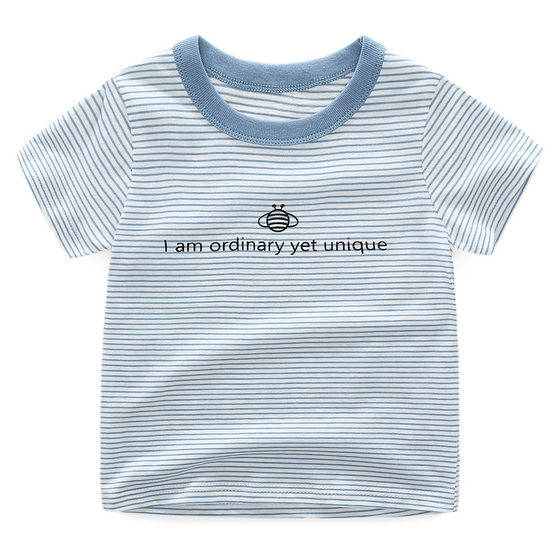 Children's short-sleeved T-shirt pure cotton 2024 summer new style boys' T-shirt striped round neck baby cartoon top 1070