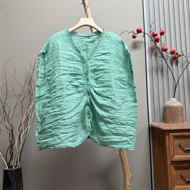 6302 Linen Pleated Lace Design Blouse (Length 62cm, Bust 126cm)
