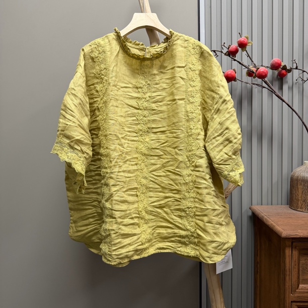 5052 Linen Spliced Lace Design Sleeve Blouse (Length 68cm, Bust 140cm)